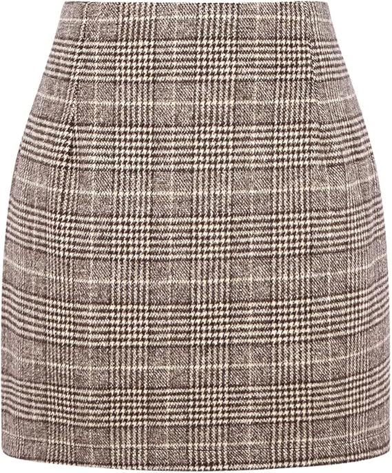 Womens Wool Plaid Mini Skirt Fall Winter High Waisted Bodycon Pencil Skirt