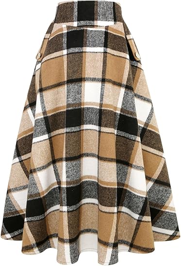 Women’s Fall Winter High Waisted Wool Plaid A-line Long Skirt