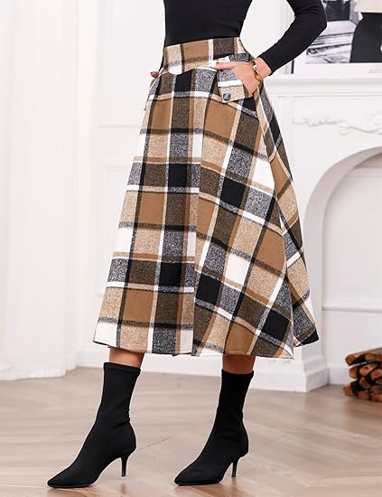 Women’s Fall Winter High Waisted Wool Plaid A-line Long Skirt
