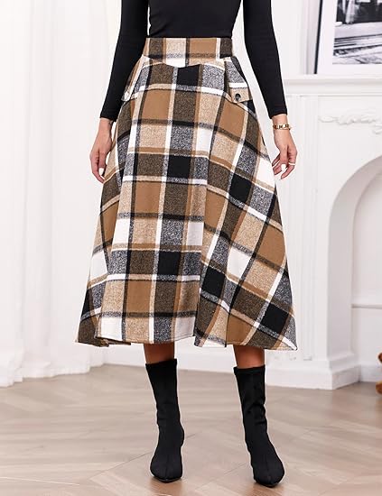 Women’s Fall Winter High Waisted Wool Plaid A-line Long Skirt